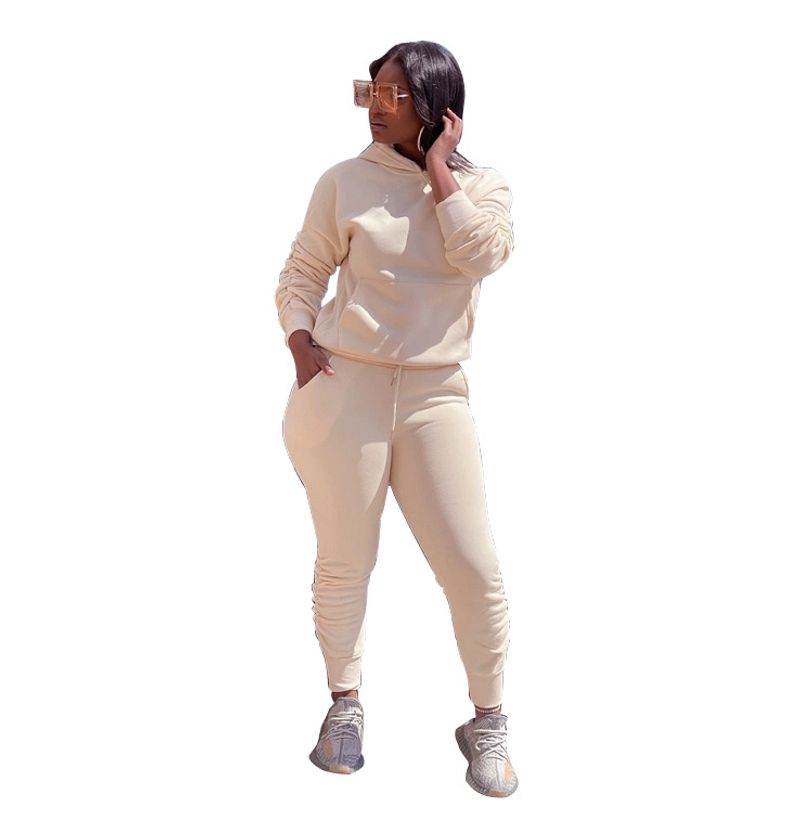 Set da due pezzi di pantaloni in pile pieghevoli con cappuccio a maniche lunghe da donna_voghion.com