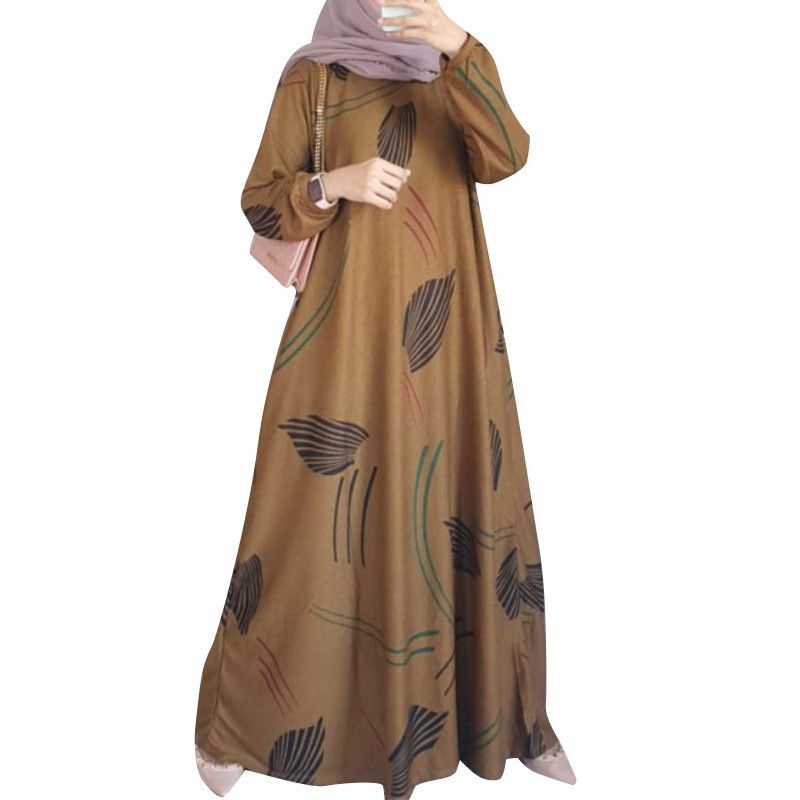 Robe longue décontractée à col rond pour femmes, automne 2025, imprimé feuilles, ample, manches longues, longue, abaya, mode musulmane, caftan_voghion.com