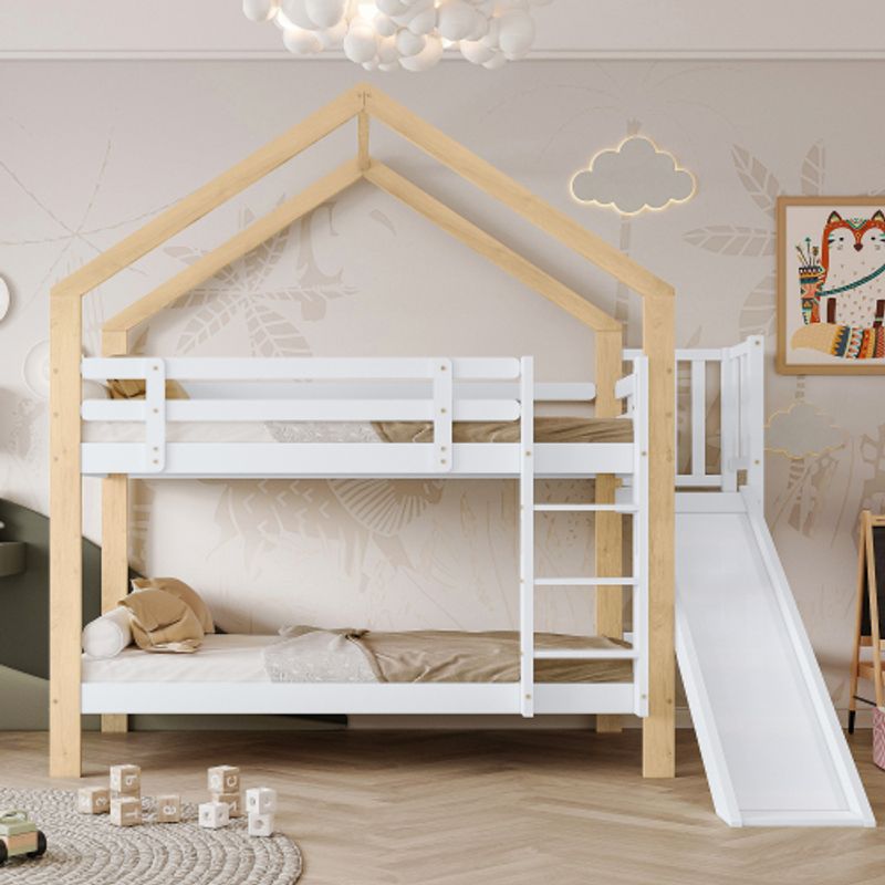[30955960NAA]Etagenbett Mit Rutsche Und Dreistufiger Winkelaufstiegsleiter, Hausbett Mit Mit Absturzsicherung, Kinderbett, Bettrahmen Aus Massivholz, Weiß+Natur, 90x200cm [30955960NAA]_voghion.com