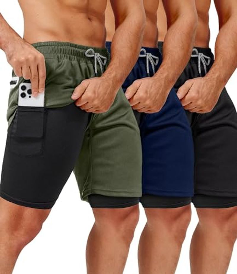 3-Pack Men's 2-in-1 Gym Pockets 7 Inch Workout Men Running Shorts With Liner & Towel Loop_voghion.com