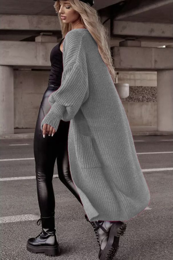 Women's Clothing Long Sleeve Batwing Pocket Cardigan Sweater - Oversized V-Neck Open Front Knit Coat In Soft Acrylic, Elegant Longline Design_voghion.com