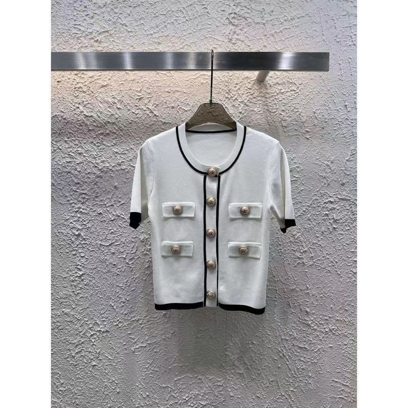 Baman Botão Fino Cardigan Elegante Pequena Fragrância Manga Verão Malha Francesa Bloco de Cores Novo Top Curto_voghion.com