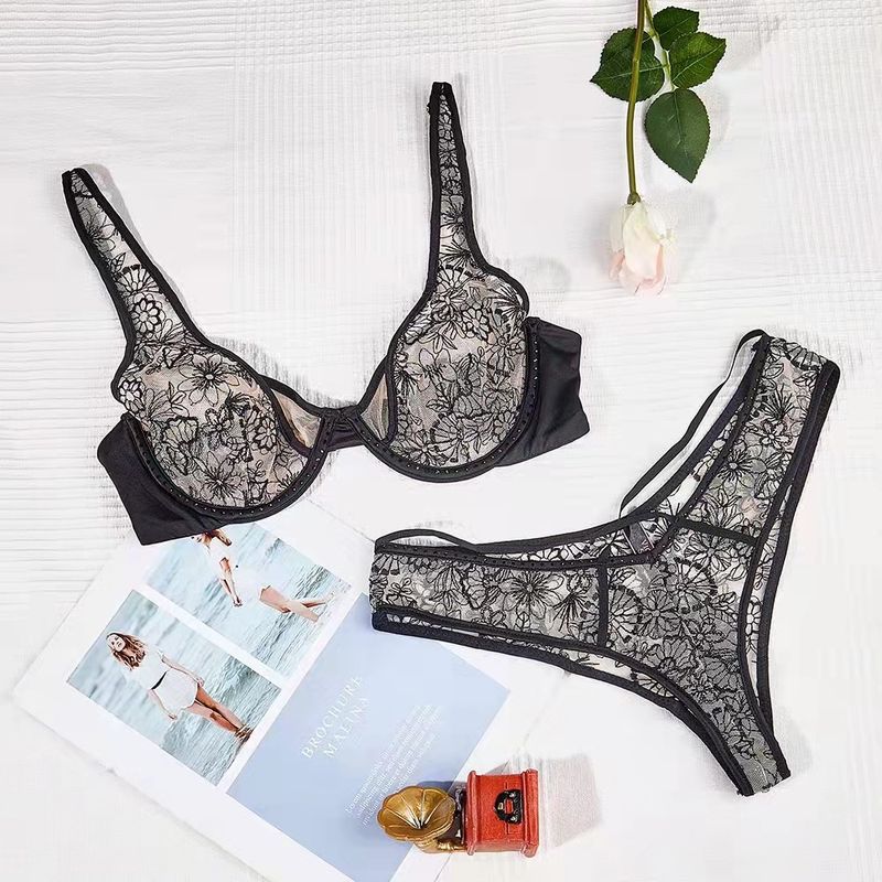 Lätt lyxig spets broderad blomma Ultra tunn svamp gratis sexig stor bröstdisplay liten underkläder bh-set_voghion.com