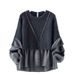 Korean-Inspired Oversized Layered Knit Sweater - Round Neck Cotton Blend Pullover (S-L, Grey/Black)_voghion.com