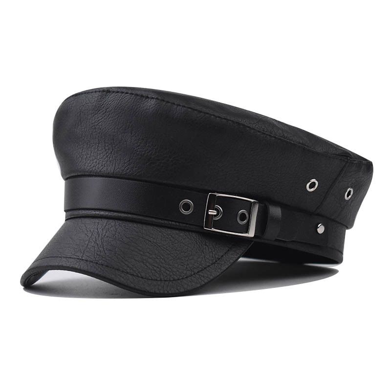 PU Military Large Buckle, Beret Cotton Versatile, Oddychający Kapelusz ośmiokątny z językiem kaczki, Damski brytyjski skórzany kapelusz_voghion.com