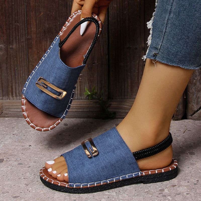 Women's Shoes New Flat Sandals For Women Fabric Elastic Band Metal Decorations Large Size Shoes Beach Shoes_voghion.com