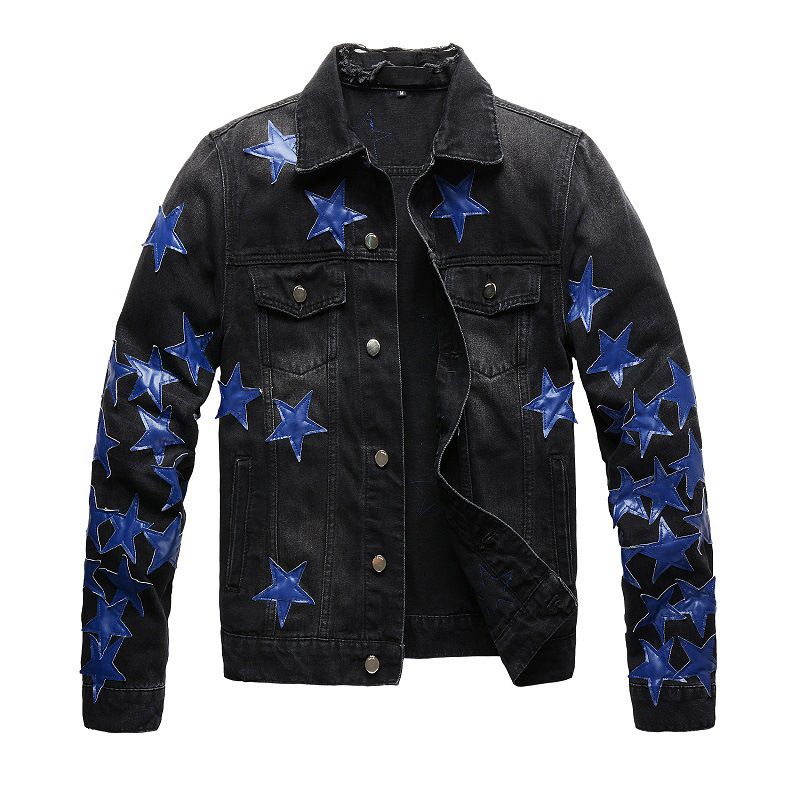 Abbigliamento da uomo Giacca da motociclista alla moda americana Giacca da uomo in denim con fori e toppa a stella in stile punk slim da strada 453_voghion.com