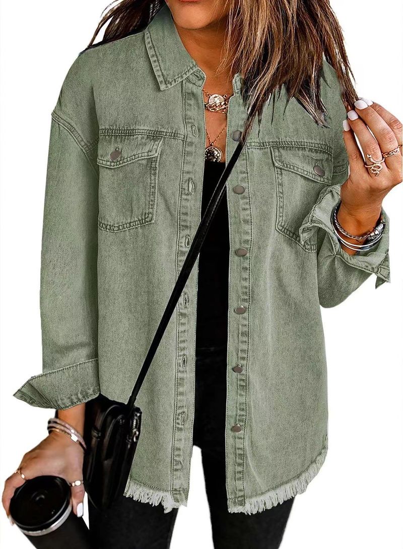 Distressed Washed Denim Shirt Jacket For Women - Oversized Streetwear Coat With Raw Hem For Fall & Winter_voghion.com
