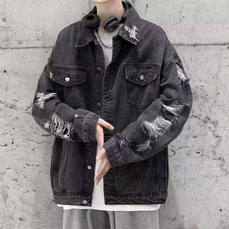 Giacca in denim da uomo, autunno e inverno, ampia e alla moda, stile hip hop, stile street, strappata_voghion.com