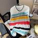 Men's Retro Contrast Stripe Knit Vest - Unisex Sleeveless Sweater Top, Trendy Hollow Weave For Autumn Layering (Green/Pink, S-XXXL)_voghion.com