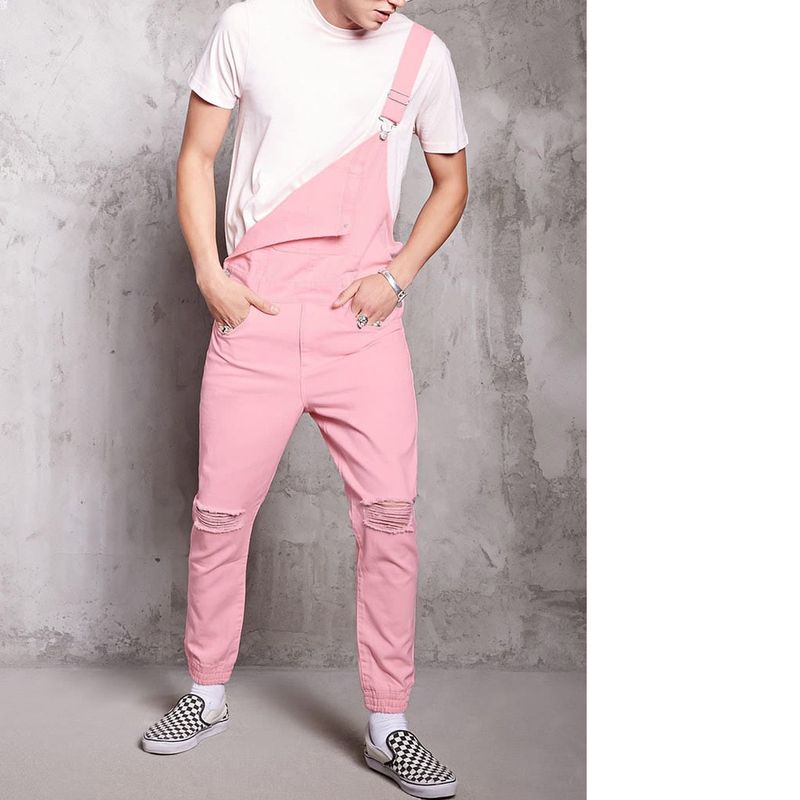 New Pink Men's Denim Distressed Shorts, Jumpsuit Work Pants With Shoulder Straps_voghion.com