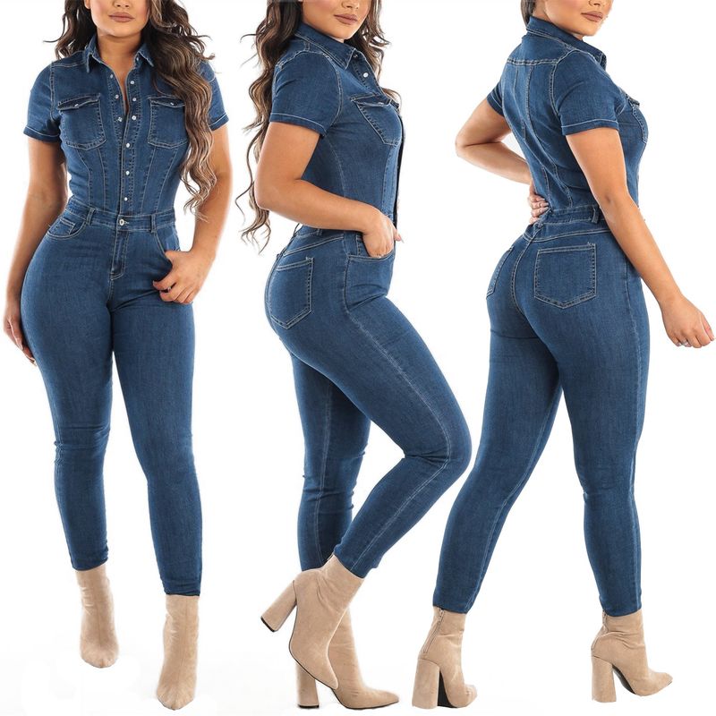 Combinaison en jean à manches courtes et à simple boutonnage pour femme, couleur unie, décontractée, sexy, taille moyenne, slim, mode_voghion.com