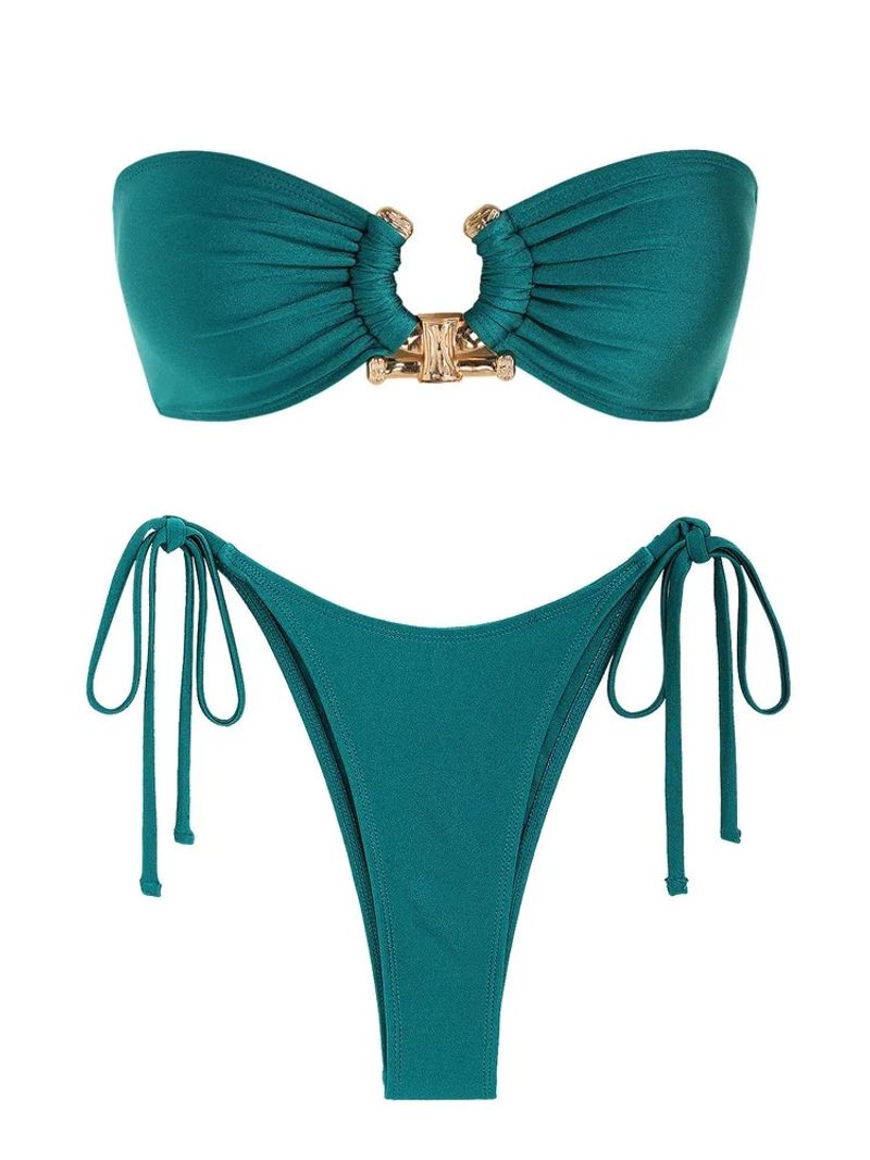 ZAFUL Solid O Costume da bagno per donna Cravatta laterale in metallo lucido Anello Hardware bikini a fascia Costumi da bagno Reggiseno imbottito Top a vita bassa_voghion.com