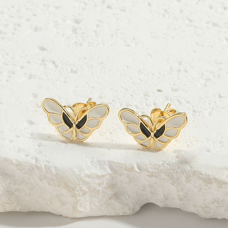 1 paio di orecchini a bottone placcati in oro 14K con zircone e smalto a forma di farfalla e libellula, stile semplice ed elegante_voghion.com