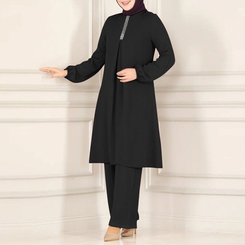 Damenmode Frühjahr und Herbst neuer Stil, Mode, reine Farbe, elegantes Langarm-Shirt, lose breite Beinhosenanzug_voghion.com