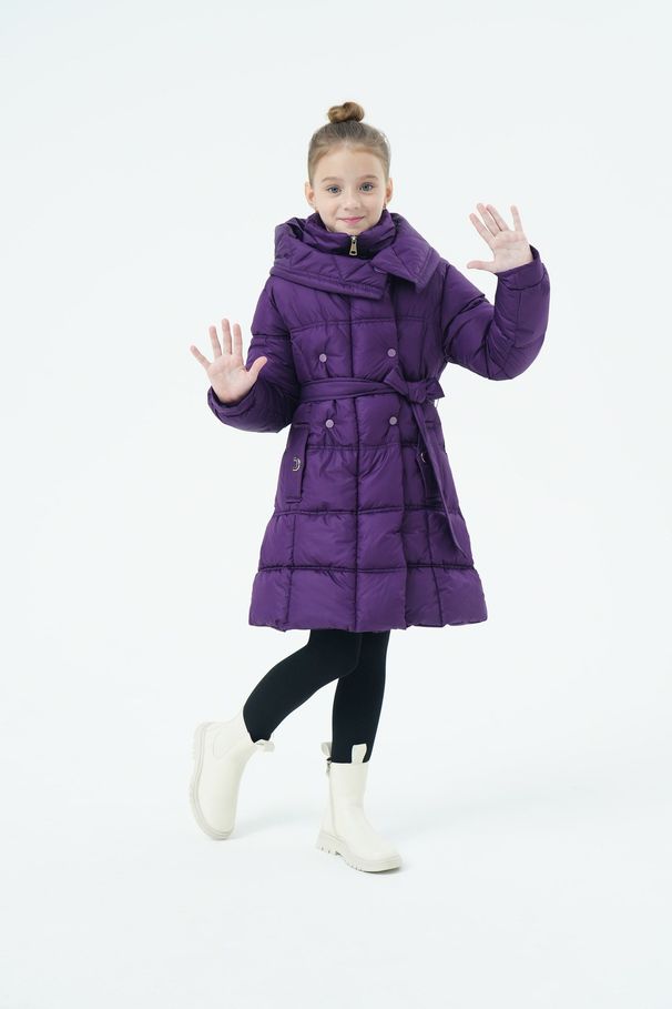 Piumino lungo per bambine con cintura e cappuccio - Giacca invernale calda foderata in pile per bambine (120-150 cm) - Viola/Rosso anguria/Nero_voghion.com