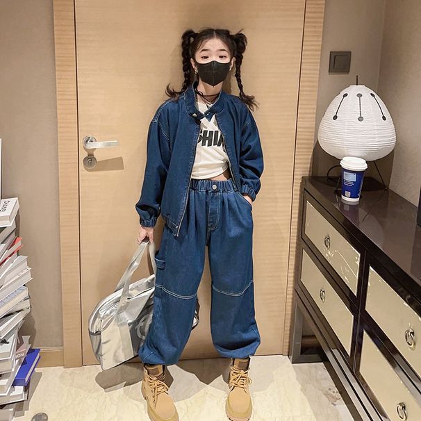 Dívčí džínový oblek, podzimní slané sladké oblečení s módním ležérním džínovým kabátem, patchworkovými kalhotami_voghion.com