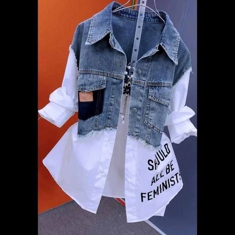 Women's Clothing Retro Denim Wear Casual Stitching Striped Shirt Vest Top Vintage Denim Jacket With Striped Shirt Vest - Casual Layered Two-Piece Top_voghion.com
