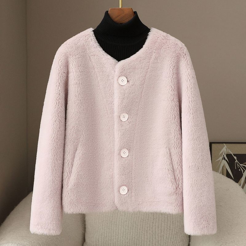 Manteau polaire 100 % laine pour femme à col rond – Élégant vêtement d'extérieur décontracté pour l'automne et l'hiver, le bureau et le quotidien (rose, bleu)_voghion.com