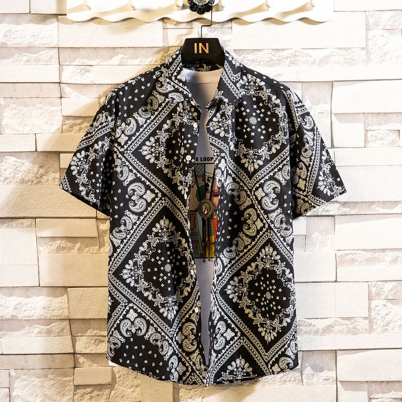 Camicia a fiori retrò vintage Camicia estiva da uomo a maniche corte in stile Hong Kong Camicia stampata transfrontaliera allentata a sezione sottile hawaiana_voghion.com