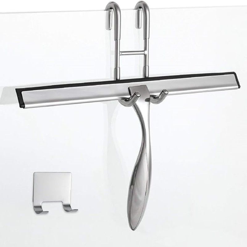 Universal Stainless Steel Shower Squeegee For Shower Glass Door With Hook, Bathroom Cleaning Tool Glass Door Squeegee, 10 Inch Short Handle, Black_voghion.com