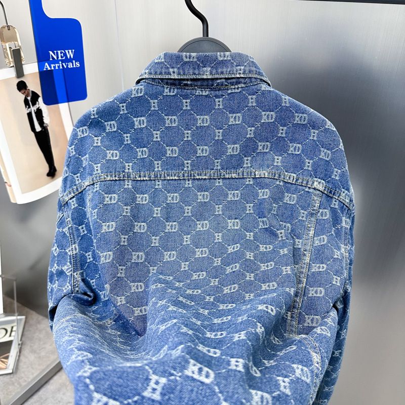 Herrenbekleidung Frühling Herren Jeansjacke Mode dünne Jacquard Herren lose Jacke Revers Mantel Trend B2BJE1192_voghion.com