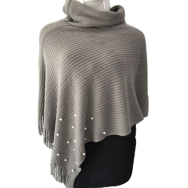 European and American knitted cape shawl high collar beaded tassel suit autumn and winter solid color cape shawl women_voghion.com
