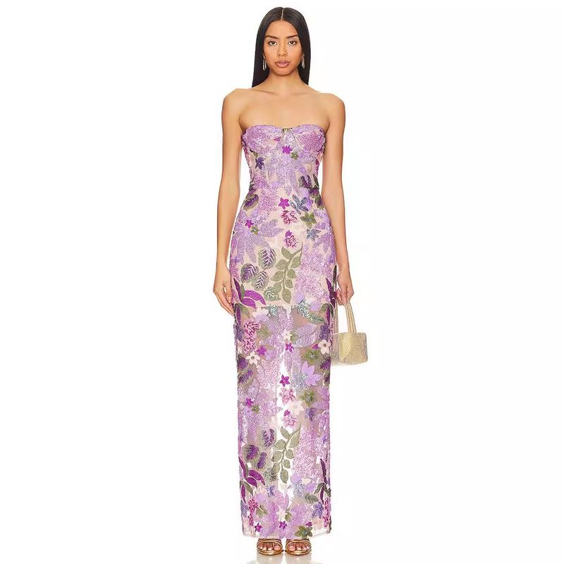 Damenbekleidung Pailletten Slim Fit Langer Rock Hohldruck Sexy Tube Top One-Shoulder-Kleid_voghion.com