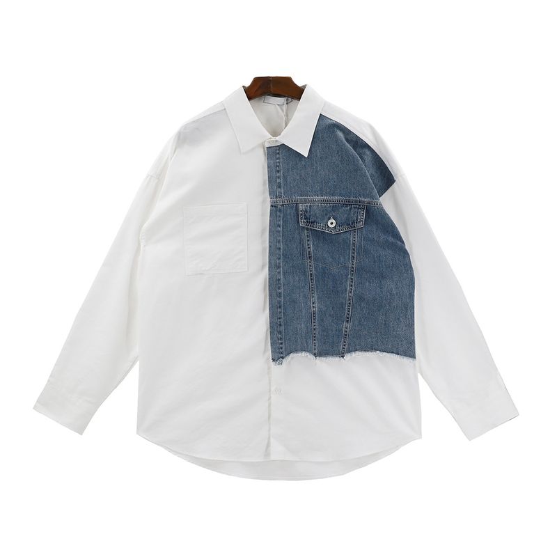 Camisa de manga larga con parches de vaquero para hombre, nuevo estilo de primavera y otoño, diseño de nicho de manga larga, chaqueta de camisa de color contrastante_voghion.com