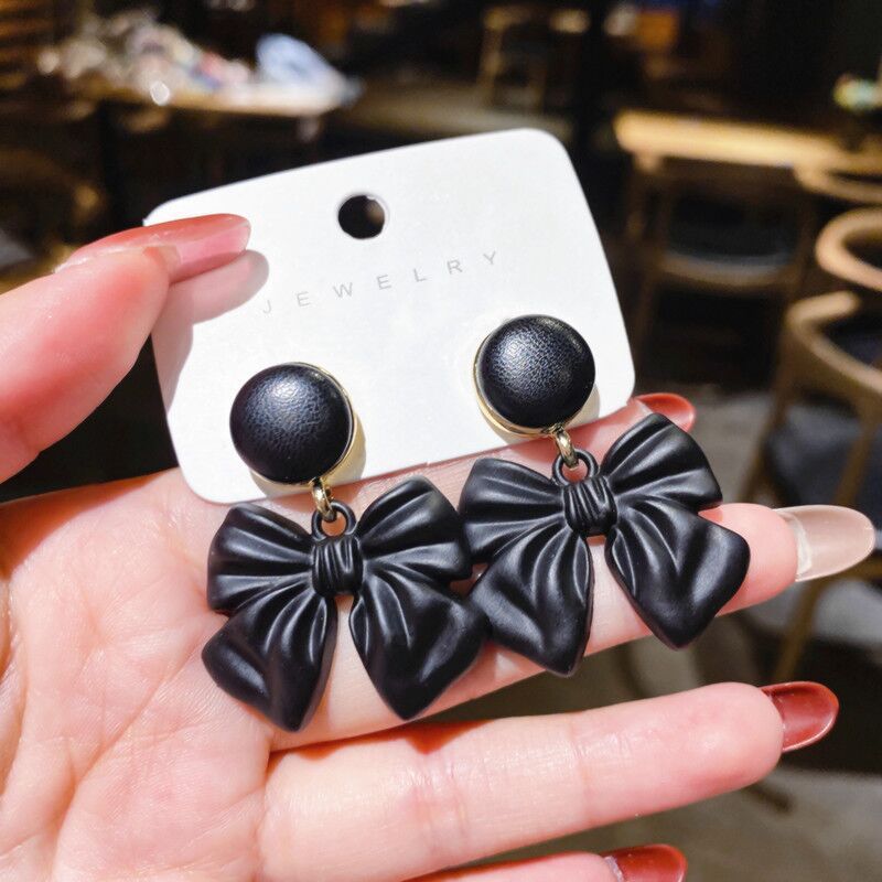 Silver Needle Leather Button Bow Earrings Retro Hong Kong Style Ins Geometric Earrings High-grade Ear Studs For Niche_voghion.com