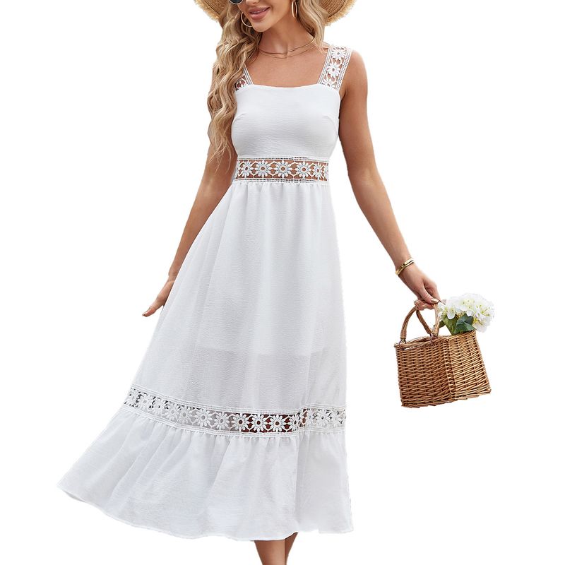 Einfarbiges, ärmelloses Sling-Kleid mit Spitzen-Patchwork und quadratischem Ausschnitt für Damen_voghion.com