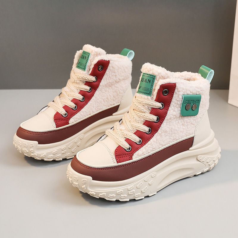 Novos sapatos femininos de cano alto de inverno 2023 com lã, lã de ovelha quente, sola grossa, estilo coreano, para aumentar a altura_voghion.com