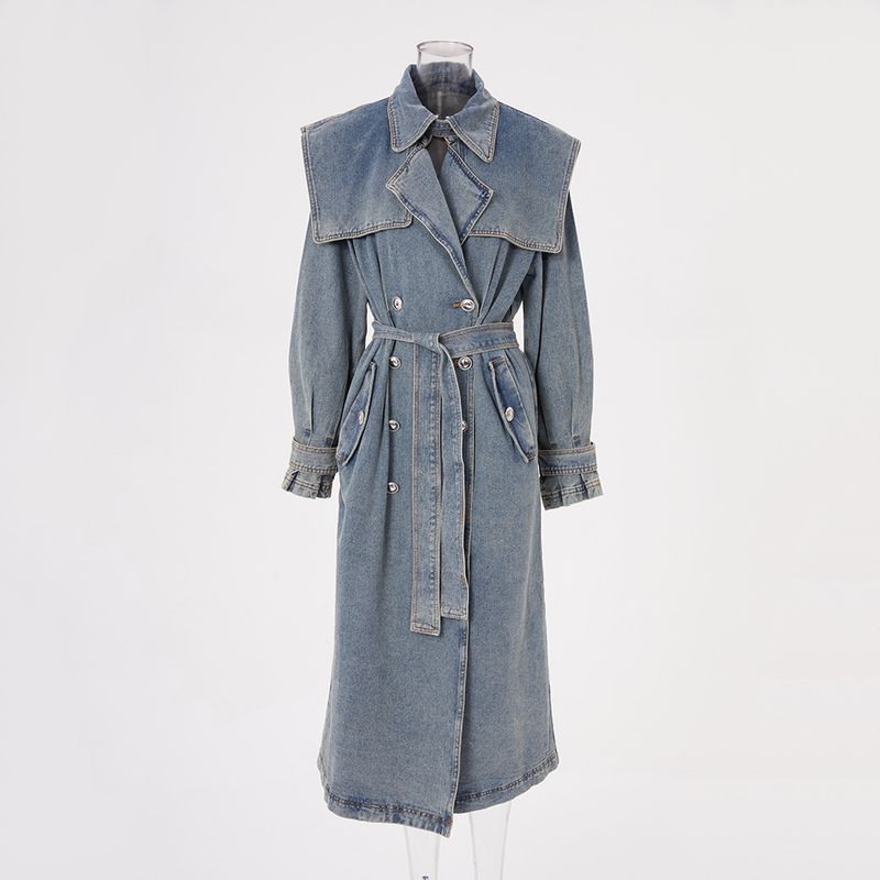 Trench in denim da donna – Giacca blu di media lunghezza con revers che definiscono la vita (S/M/L/XL)_voghion.com
