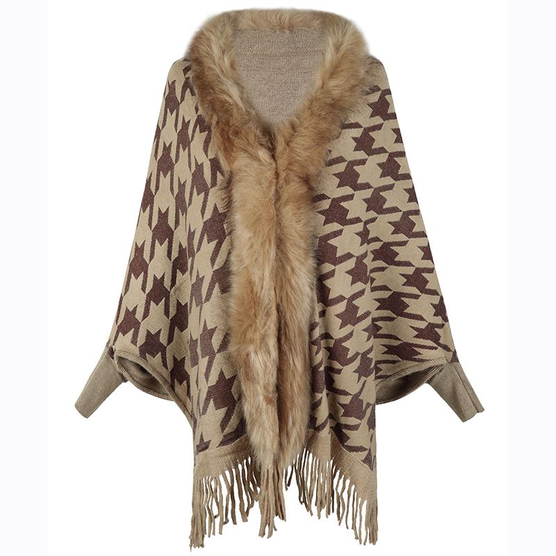 Liusu cape contrast color thousand bird check fur collar shawl coat woman_voghion.com
