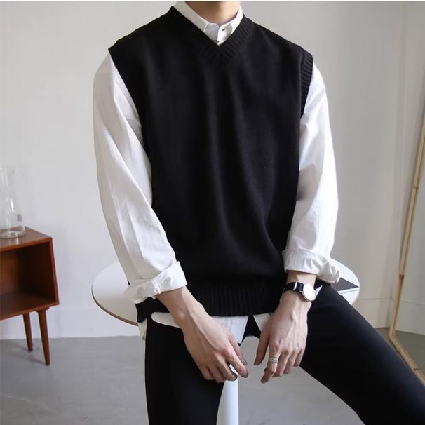 Men's Sleeveless Knit Sweater Vest - Oversized Crewneck Pullover For Spring & Fall - Thickened Casual Layering Piece_voghion.com