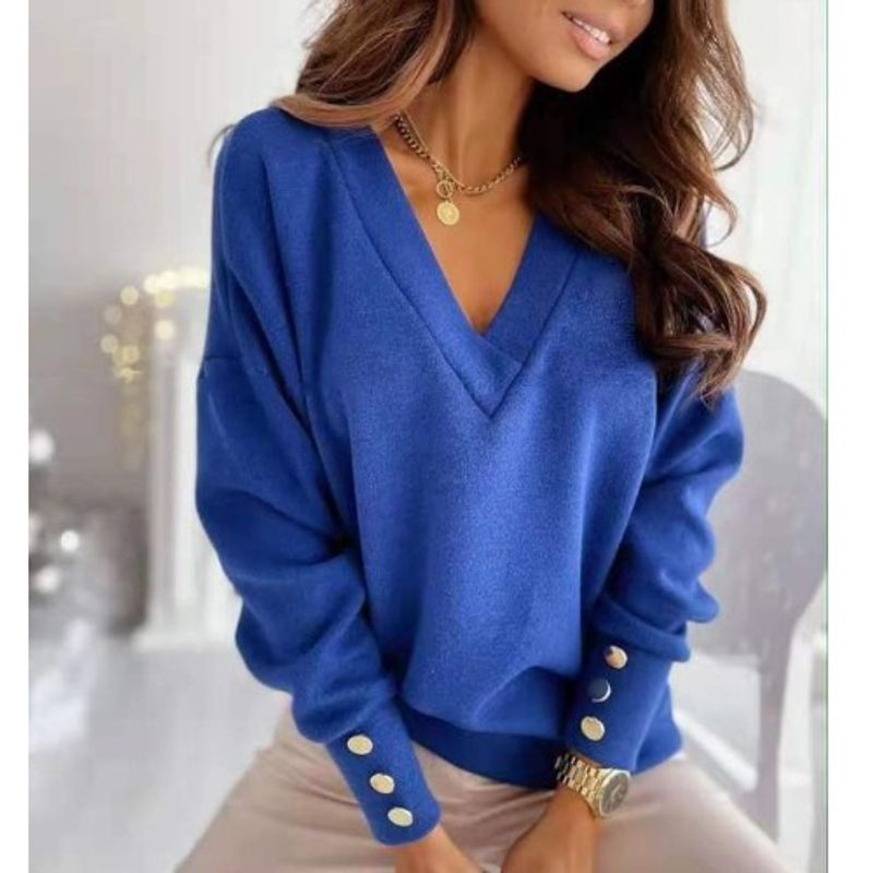 Women's Clothing Cuff Button Decoration V-neck Casual Sweater Long Sleeve Bottoming Top _voghion.com