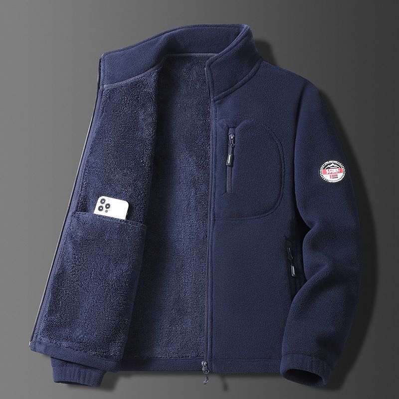 Men's Fleece Stand Collar Jacket, Windproof & Water-Resistant Zip-Up Winter Coat With Thick Polar Fleece Lining, Multi-Pocket Outdoor Sportswear_voghion.com