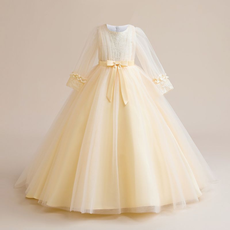 Mamă și copii Rochie nouă pentru copii, rochie cu mânecă lungă din dantelă, rochie de prințesă cu fundă din plasă, rochie lungă pentru copii în stoc_voghion.com