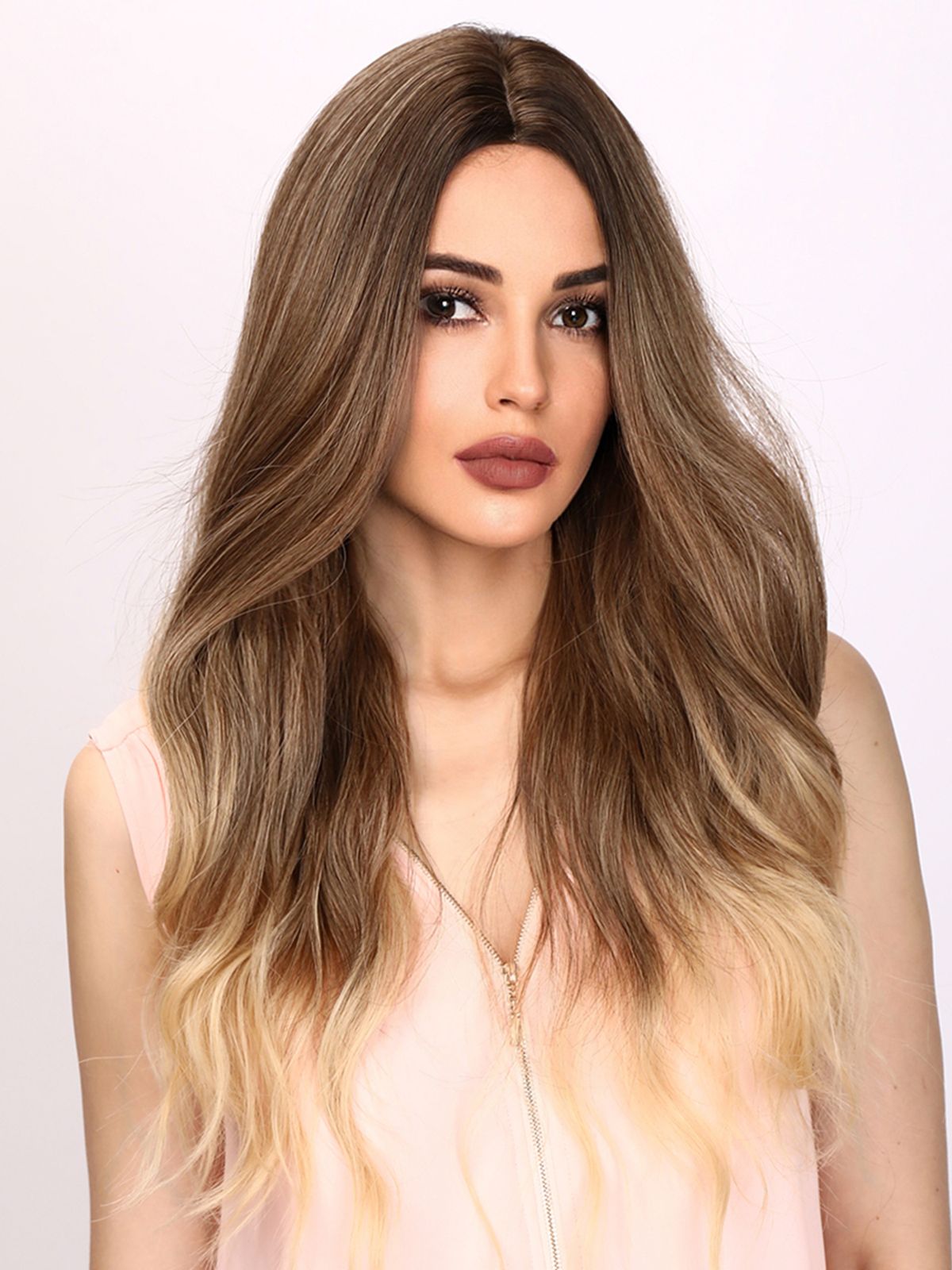 Dunkelbraune, gewellte, lockige Perücke mit Farbverlauf für Frauen, 26 Zoll, Kunstfaserperücke, Lolita, Cosplay, tägliche Party, hitzebeständige Perücke_voghion.com