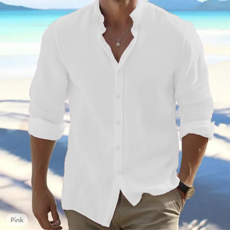 Men's Long Sleeve Cotton Linen Summer Hot Sale Beach Style Shirts Solid Color Casual Versatile Stand Collar Shirt Men's Top_voghion.com