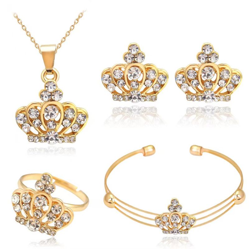 Krone Schmuckset voller Diamant Ohrringe Halskette Ring Armband vierteiliges Set Schmuck_voghion.com