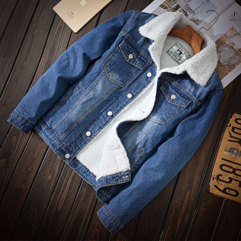 ​​Trendy Men's Light Washed Denim Jacket With Fleece Lining, Slim Fit Winter Coat, Casual Streetwear For Youth​_voghion.com