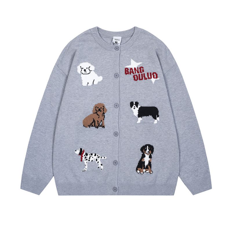 Cardigan tricoté brodé amusant pour chiot, veste ample à col rond pour homme, style américain, printemps-automne_voghion.com