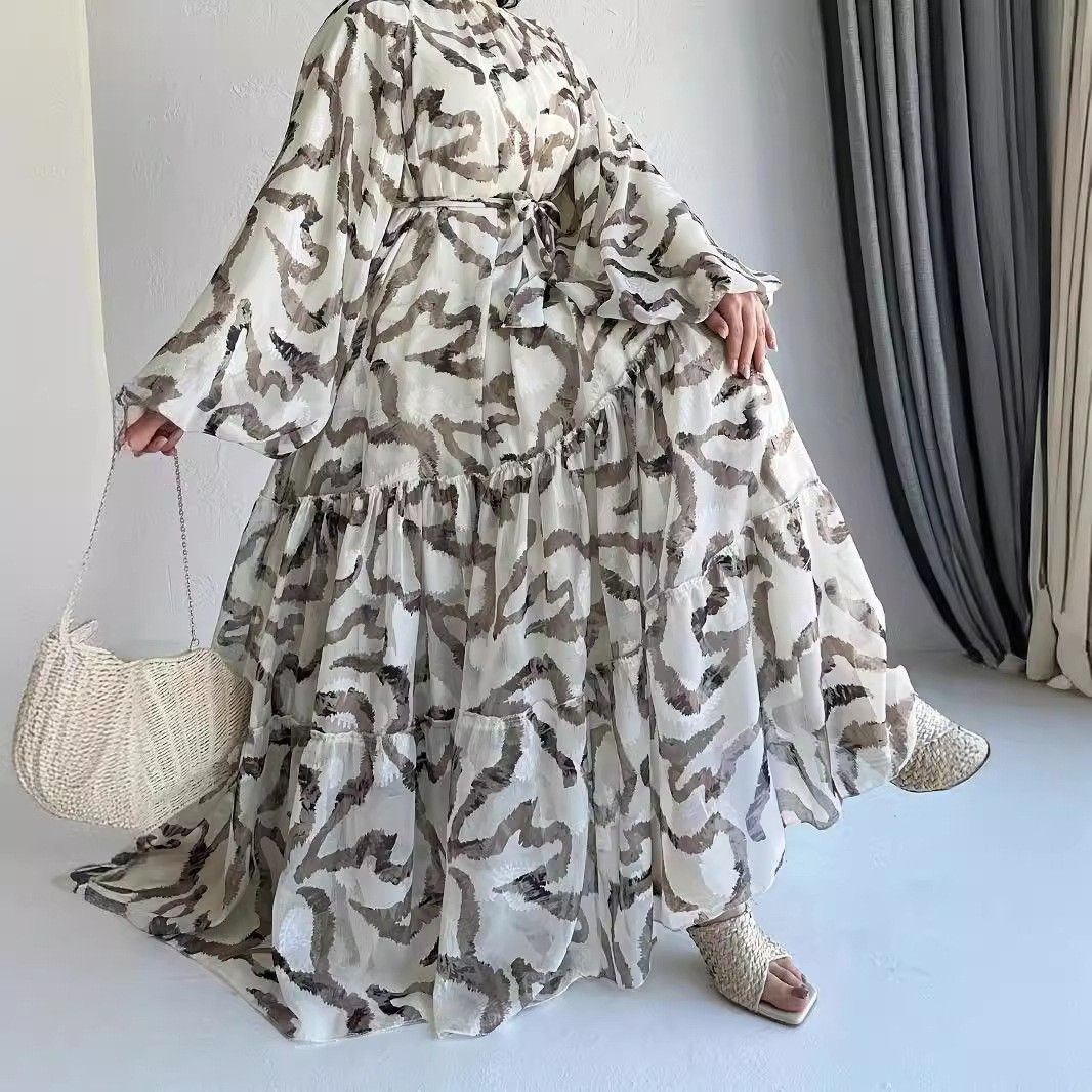 Robe longue en mousseline de soie imprimée musulmane avec ceinture, élégante et tendance_voghion.com