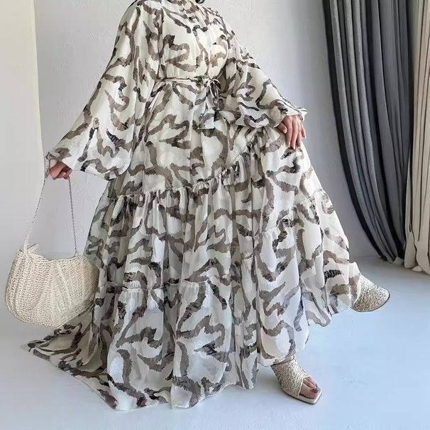 Robe longue en mousseline de soie imprimée musulmane avec ceinture, élégante et tendance_voghion.com