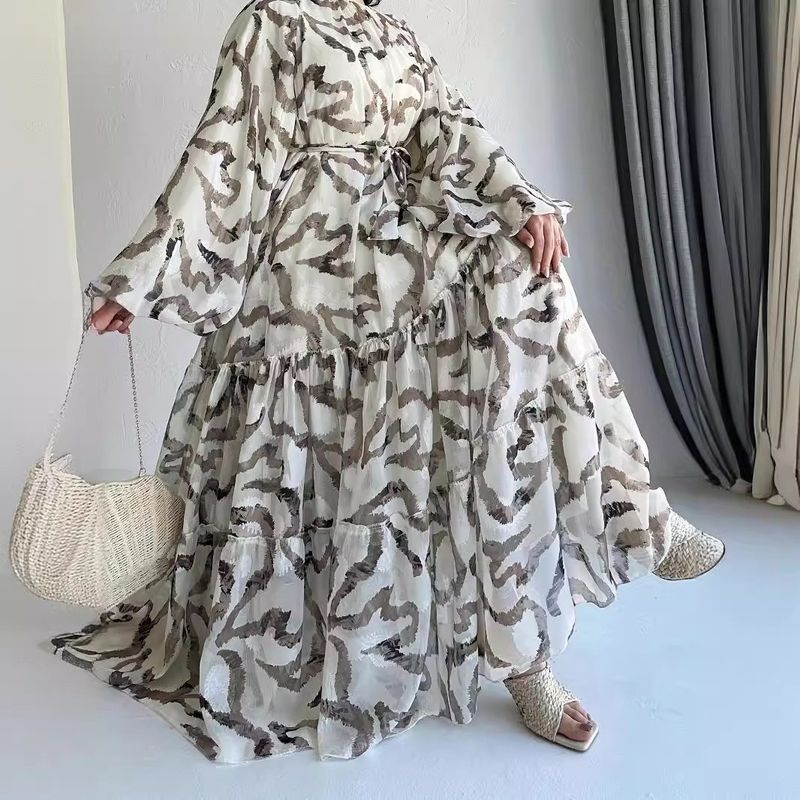 Muslimilainen sifonkikuvioinen pitkävyötäröinen muodikas ja elegantti mekko_voghion.com