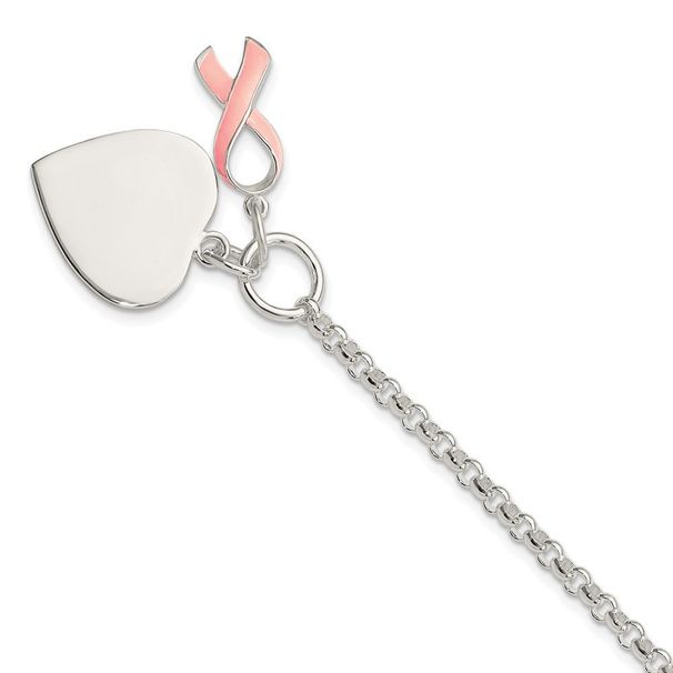 Sterling Silver Fancy Engraveable Heart With Pink Ribbon Bracelet_voghion.com