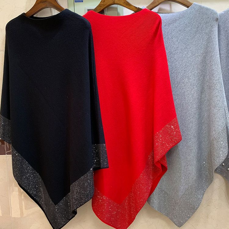 2025 Fall And Winter New Shawl Bat Sleeve Knitted Sweater With Rhinestones Black High Collar Irregular Jacket_voghion.com