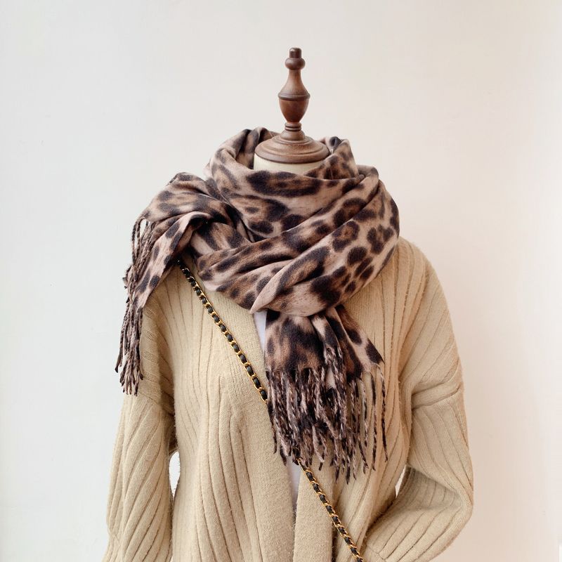 Bufanda de cachemira cálida de otoño e invierno de 190 x 70 cm con estampado de leopardo y borlas largas de alta calidad para mujer, pashmina, chal más grueso_voghion.com