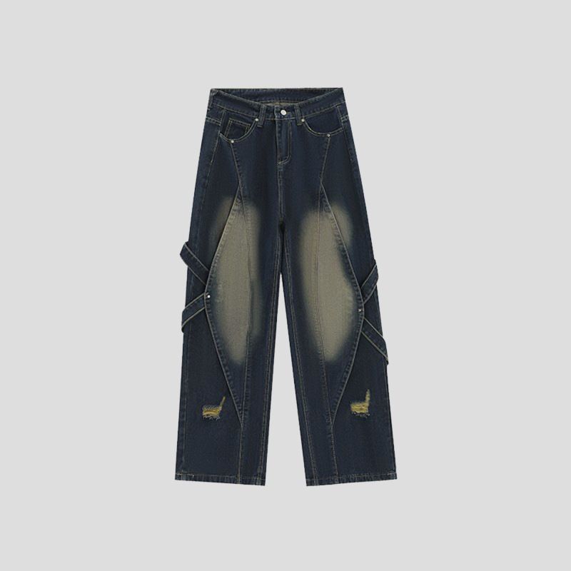 Herrenbekleidung Internet-Promi-Stil Amerikanische High Street Vibe Retro Heavy Work Distressed Jeans Herren Patchwork-Design Gerade Hose mit weitem Bein_voghion.com